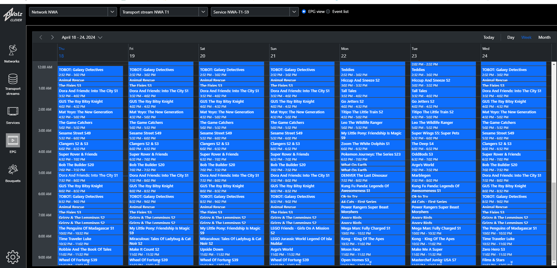 CLEVER EPG output view showing programme blocks and time slots