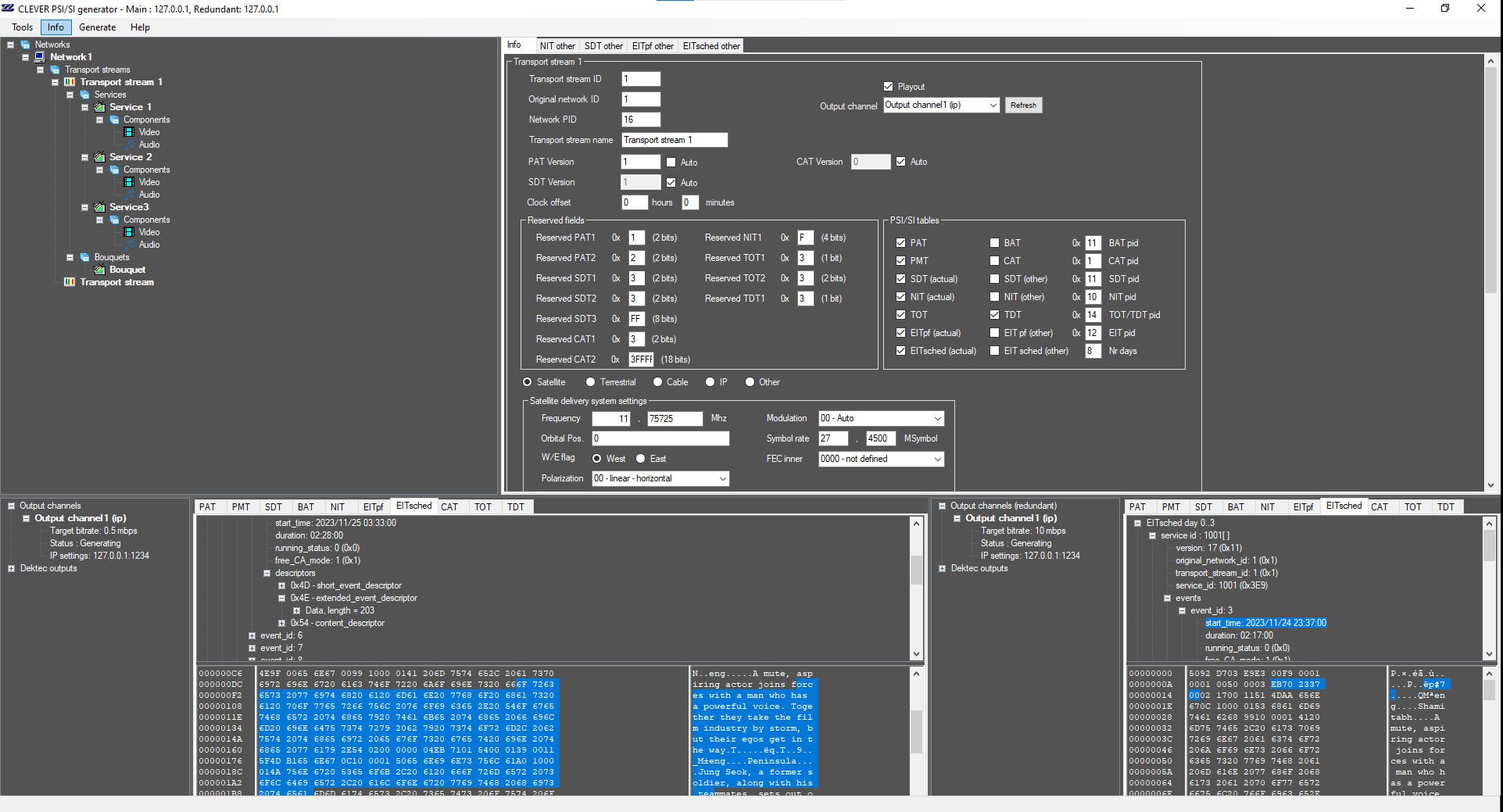 CLEVER PSI/SI generator management interface showing transport stream configuration and status