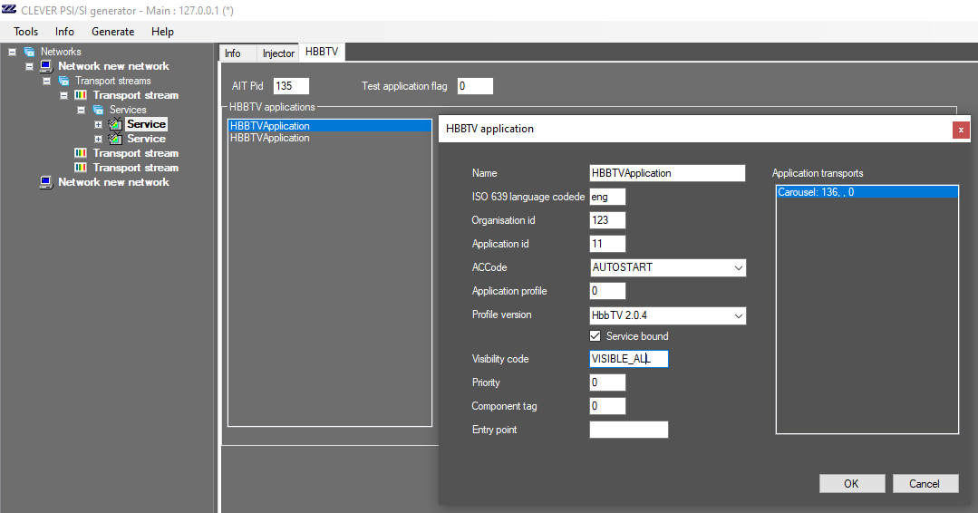 HbbTV application configuration screen in the PSI/SI generator